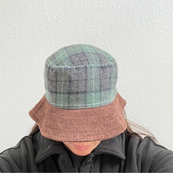 J. Crew Accessories - J. Crew Women’s Bucket Hat Green Plaid Flannel Brown Suede Rim Silk Satin inside